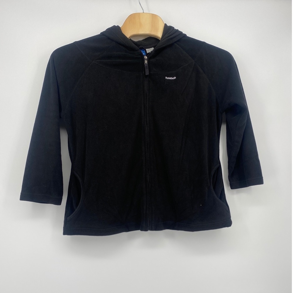 Reebok Full Zip Fleece Hoodie Jacket Womens 1XL Black 3/4 Sleeve Activewear 1945